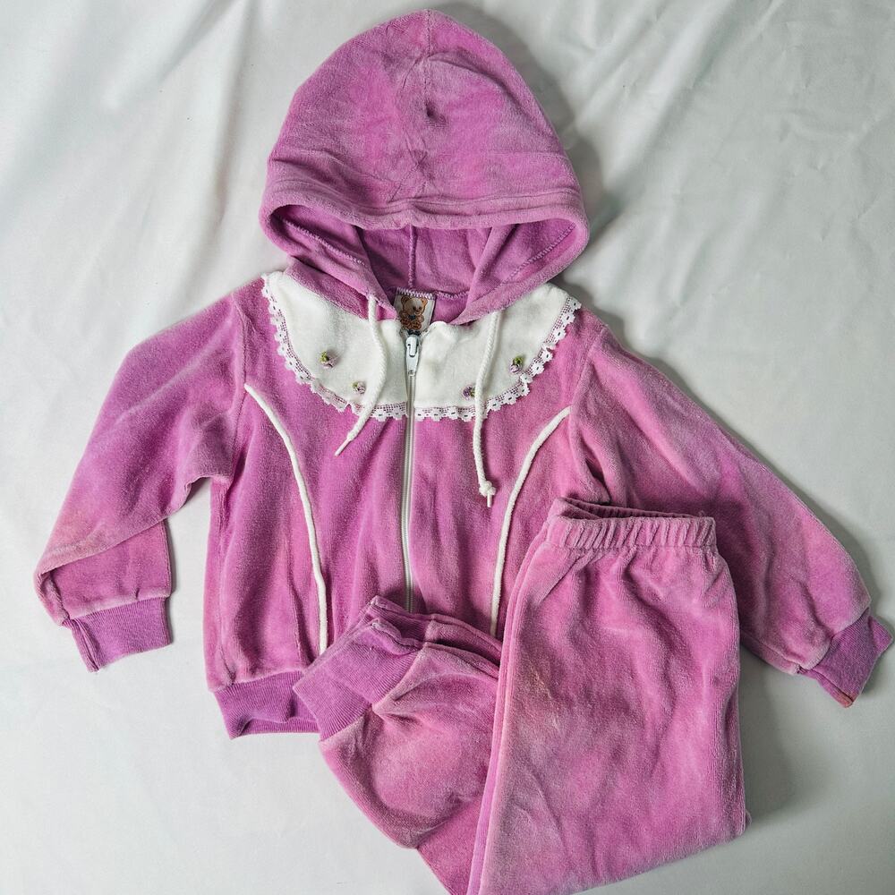 Vintage 1980s Teddy Bears by Kleinert's Purple Floral Velour Track Suit Sz 4
